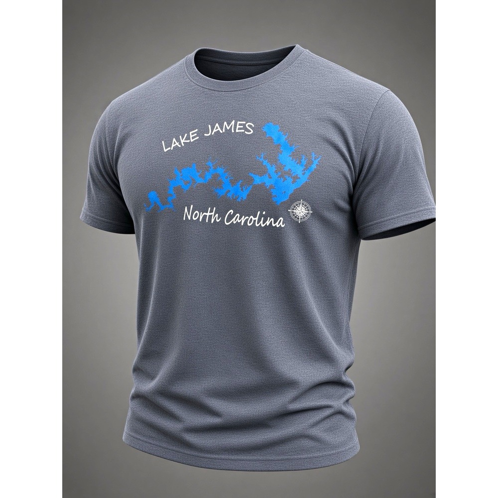 District Lake James North Carolina Graphic T-Shirt Men's 3XL Heather Blue Map T